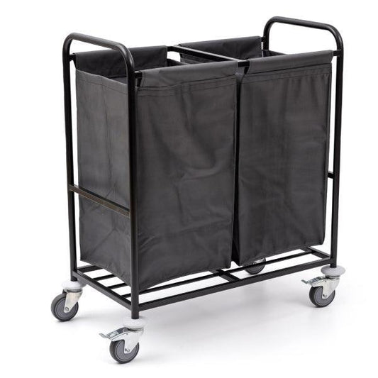 Twin Laundry Trolley L 95 x W 55 x H 115 cm, 2 Separate Removable And Washable Polyester Bag, 2 Swivel And 2 Fixed Castors, Mesh Steel Platform For Extra Support, 4 Swivelling Corner Pads Protection, Color Black Frame With Metallic Grey Bag