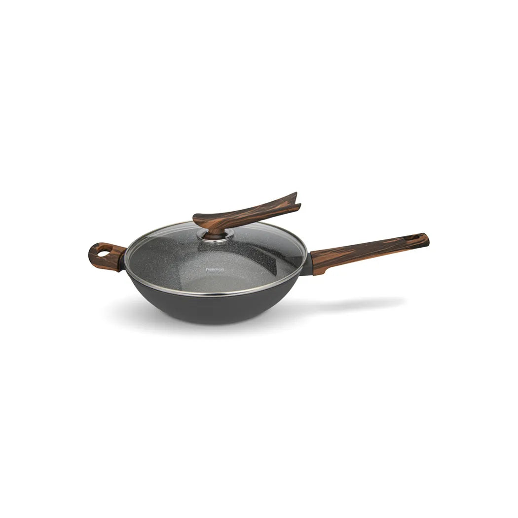 Capella Series Aluminum Non Stick Wok Pan with Glass Lid and Double Screw Handle in Black/Brown Color, 3.5ltr. Capacity and 28 x 8.5 cm