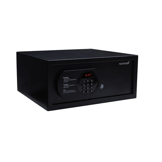 صندوق الأمان Roomwell UK Pro مقاس 15 بوصة، الارتفاع 19.5 × العرض 38 × العمق 43.7 سم، هيكل فولاذي بقفل مسمار صلب 15 مم، 120 سجل تدقيق، قفل رقمي، اللون أسود