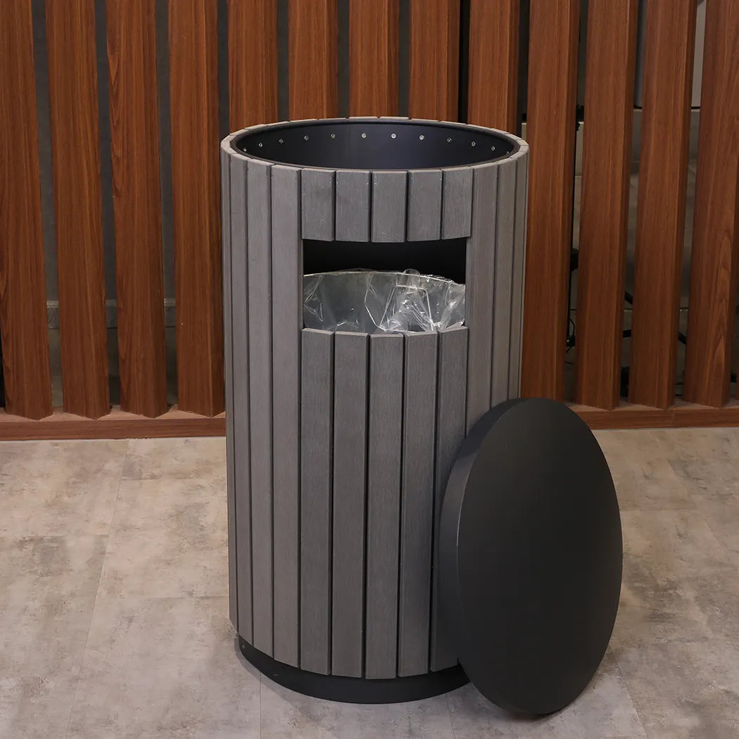 Wood Outdoor Round Trash Bin Grey, L53 x W53 x H107 cm