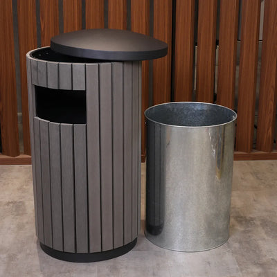 Wood Outdoor Round Trash Bin Grey, L53 x W53 x H107 cm