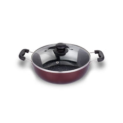 ARK Premium Marble Coated Non Stick Induction Aluminium Base Kadai with Glass Lid, 24 Cm