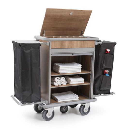 VM Signature 900 Hotel Housekeeping Trolley Medium L 90 x W 50 x H 130 cm, Fire Proof Panel, 2 Adjustable Shelves, 3 Compartments, , All Round Bumper, 4 Swivel Non-Marking Wheels, 5th Middle Castor, Foldable Bag Holder, Color Beechwood