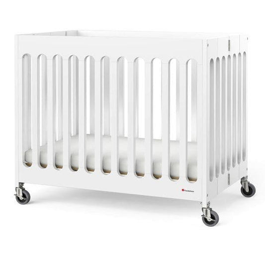 Foundations Wooden Boutique Compact Folding Baby Crib OM+ to 25 Kg, L 101.6 x W 63.5  x H 88.9 cm, Includes 3" Infapure Foam Mattress, 4 Commercial Castors for Easy Transport Color White