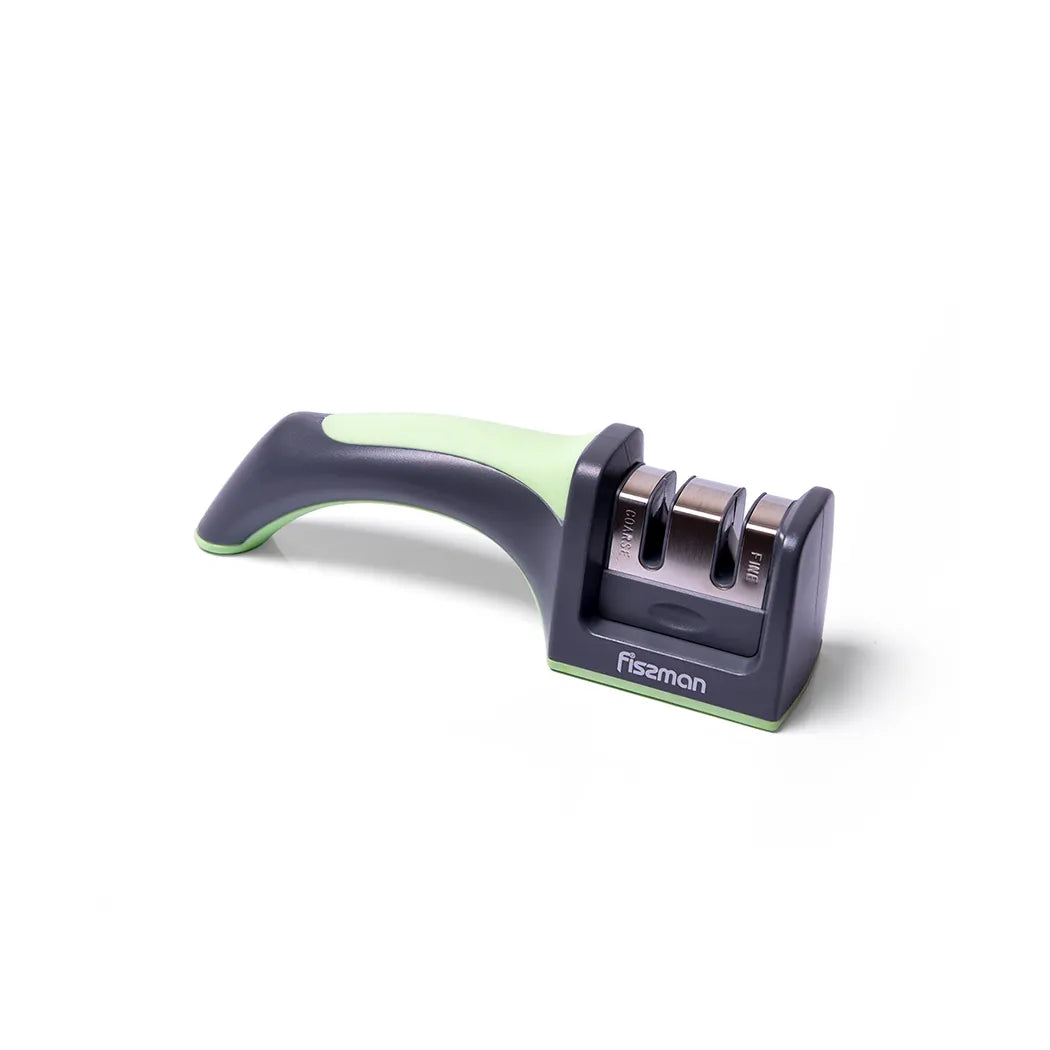 2 Step Knife Sharpener With Carbide & Ceramic Stones With Ergonomic Handle in Black/Green Color