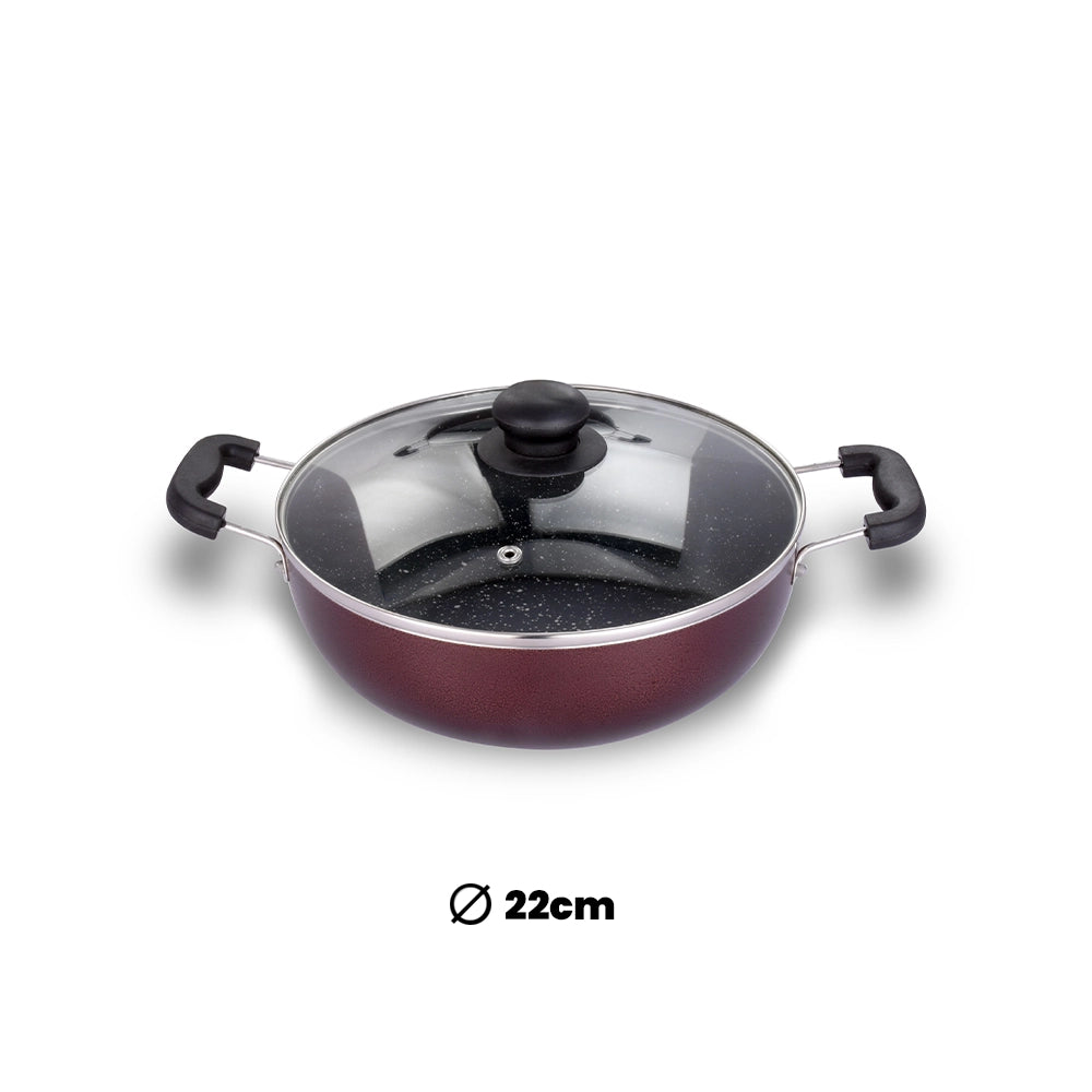 ARK Premium Marble Coated Non Stick Induction Aluminium Kadai with Glass Lid, 22 Cm