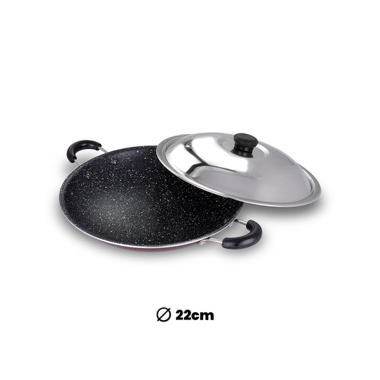 ARK Premium Marble Coated Non Stick Aluminium Appachatty with Stainless Steel Lid, 22 Cm