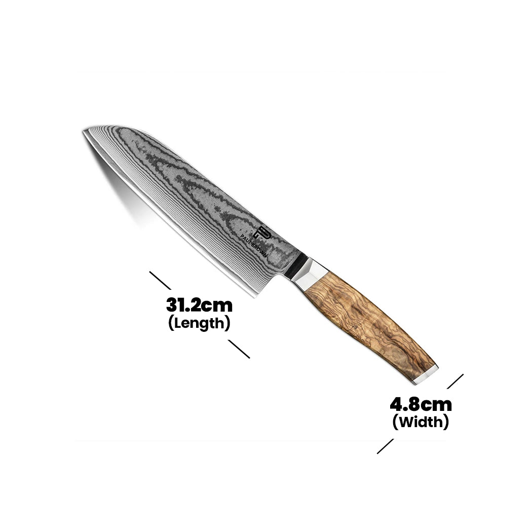 Paul Brown VG10 Steel Santoku Knife With Olive Wood Handle, Blade Length 18 cm