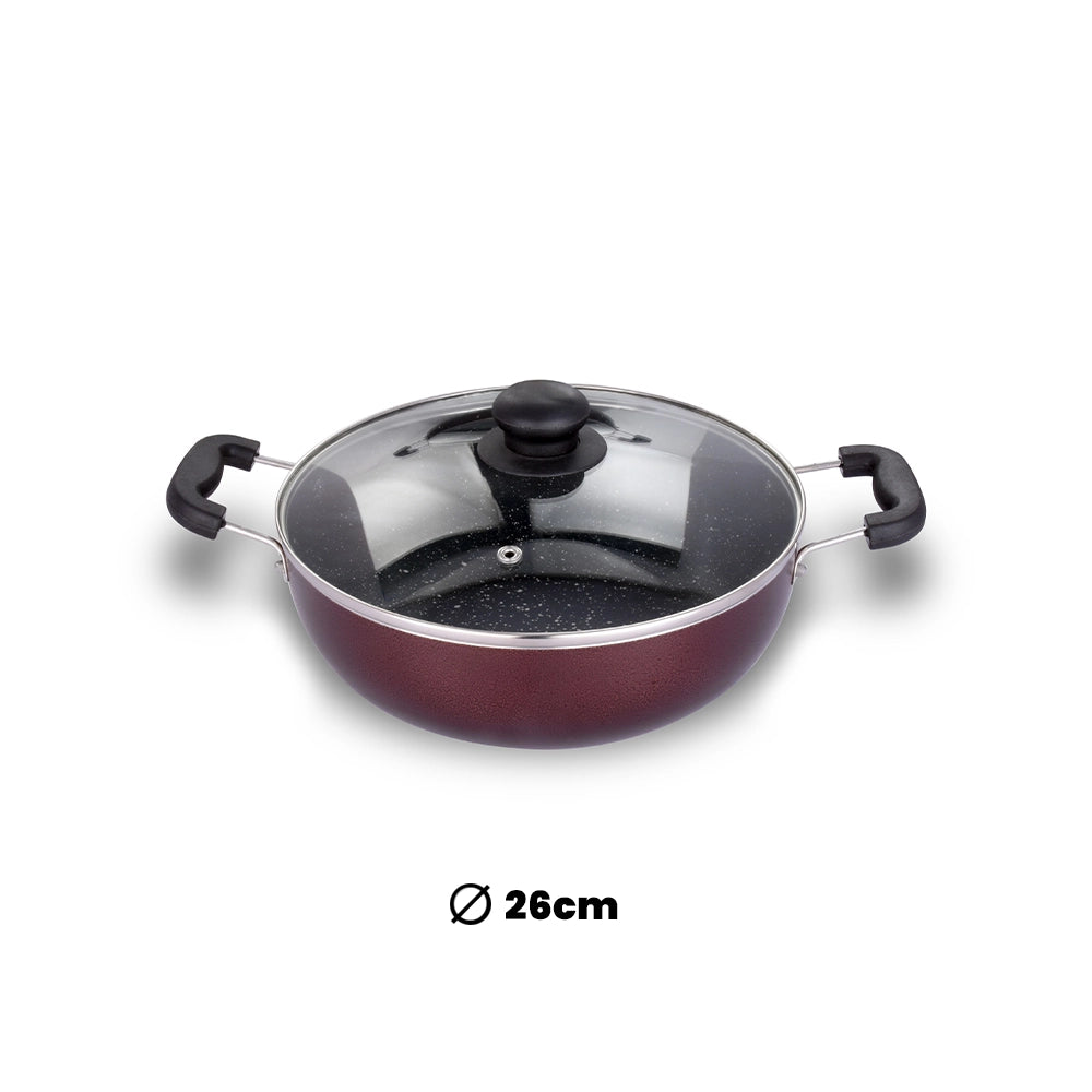 ARK Premium Marble Coated Non Stick Induction Aluminium Kadai with Glass Lid, 26 Cm