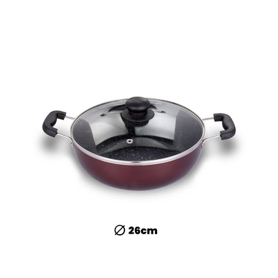 ARK Premium Marble Coated Non Stick Induction Aluminium Kadai with Glass Lid, 26 Cm