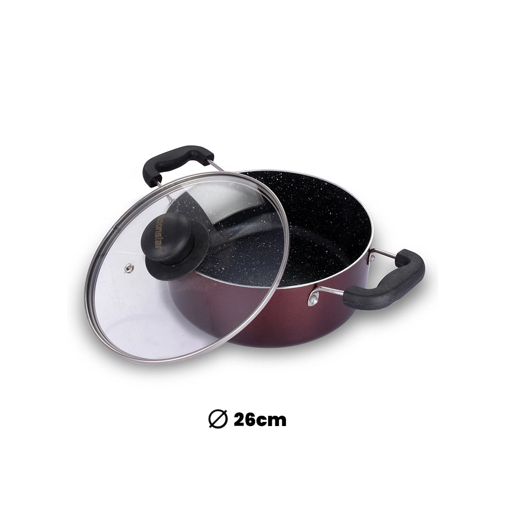 Premium Marble Coated Non Stick Induction  Aluminium Casserole with Glass Lid, 26 Cm