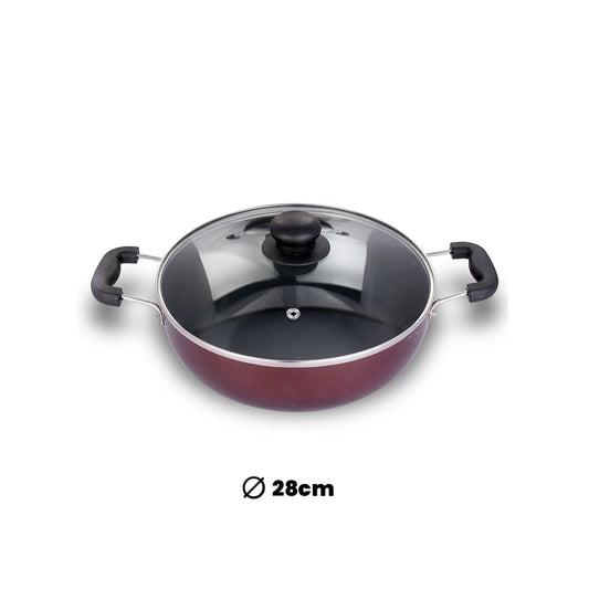 ARK Nonstick Induction Aluminium Kadai with Glass Lid, 28 cm