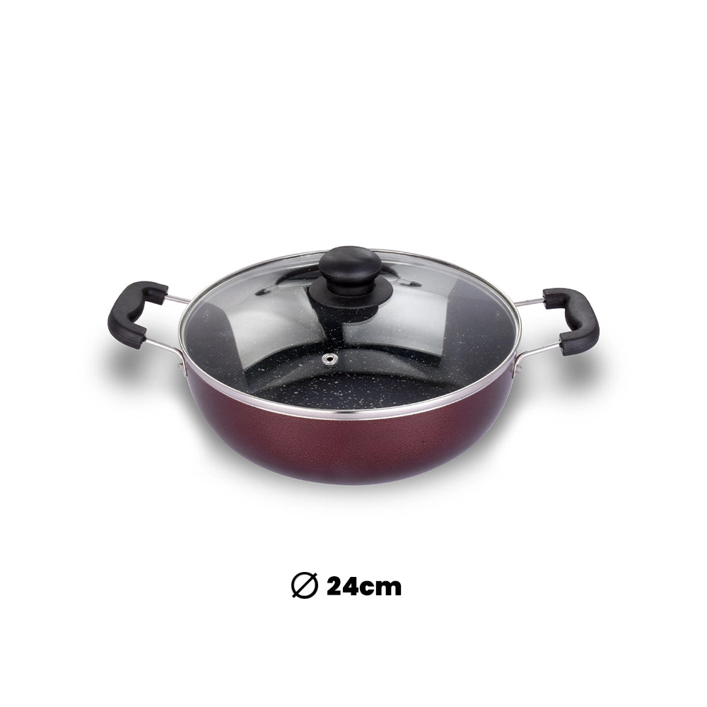 ARK Premium Marble Coated Non Stick Induction Aluminium Base Kadai with Glass Lid, 24 Cm