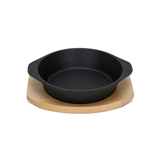 Cast Iron Pan (19 x 4.7 cm) with Two Side Handles and Wooden Tray