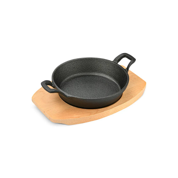 Cast Iron Pan With Two Side Handles On Wooden Tray Multicolour, 18x4.5cm