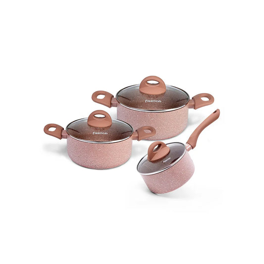 Latte Series Aluminum Non-Stick 6-Piece Cookware Set with Glass Lid and Induction Bottom in Beige Color