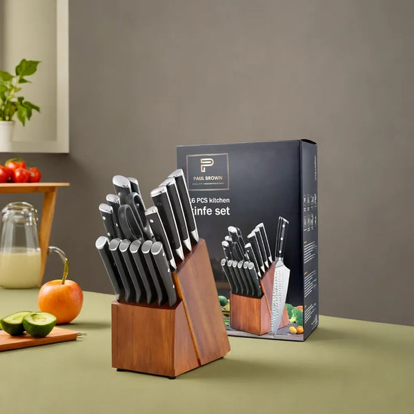 Paul Brown German Steel 16-Piece Knife set with Wooden Block Including Scissors