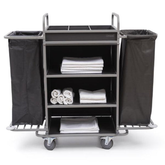 VM Ecoplus 800 Hotel Housekeeping Trolley L 150 x W 50 x H 130 cm, Space Saver, 2 Fixed Shelves, 2 Removable Linen Bags, 1 Top Tray Amenities with Different Compartments, 4 Revolving Corner Bumper, 4 Swivel Castors, Foldable Bag Holder, Color Grey