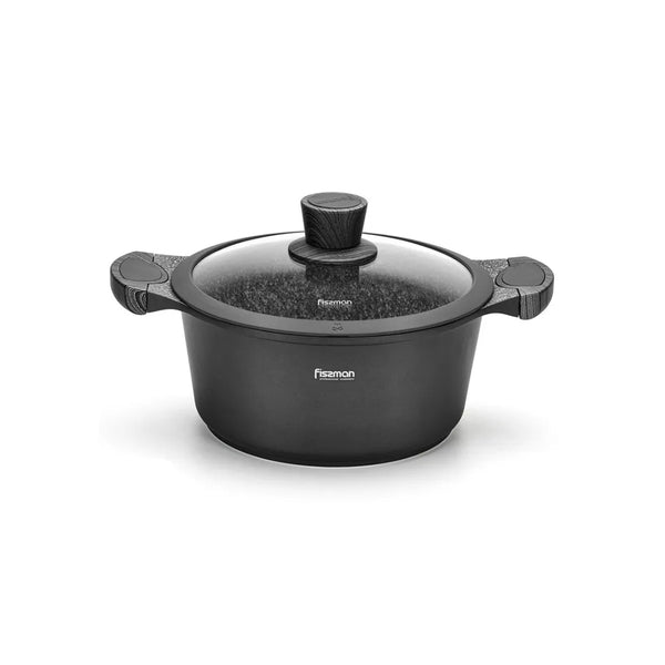 Aluminium Non-Stick Stock Pot with Glass Lid and Induction Bottom in Black/Clear Color, 4.3ltr. Capacity and 24 x 11.5 cm