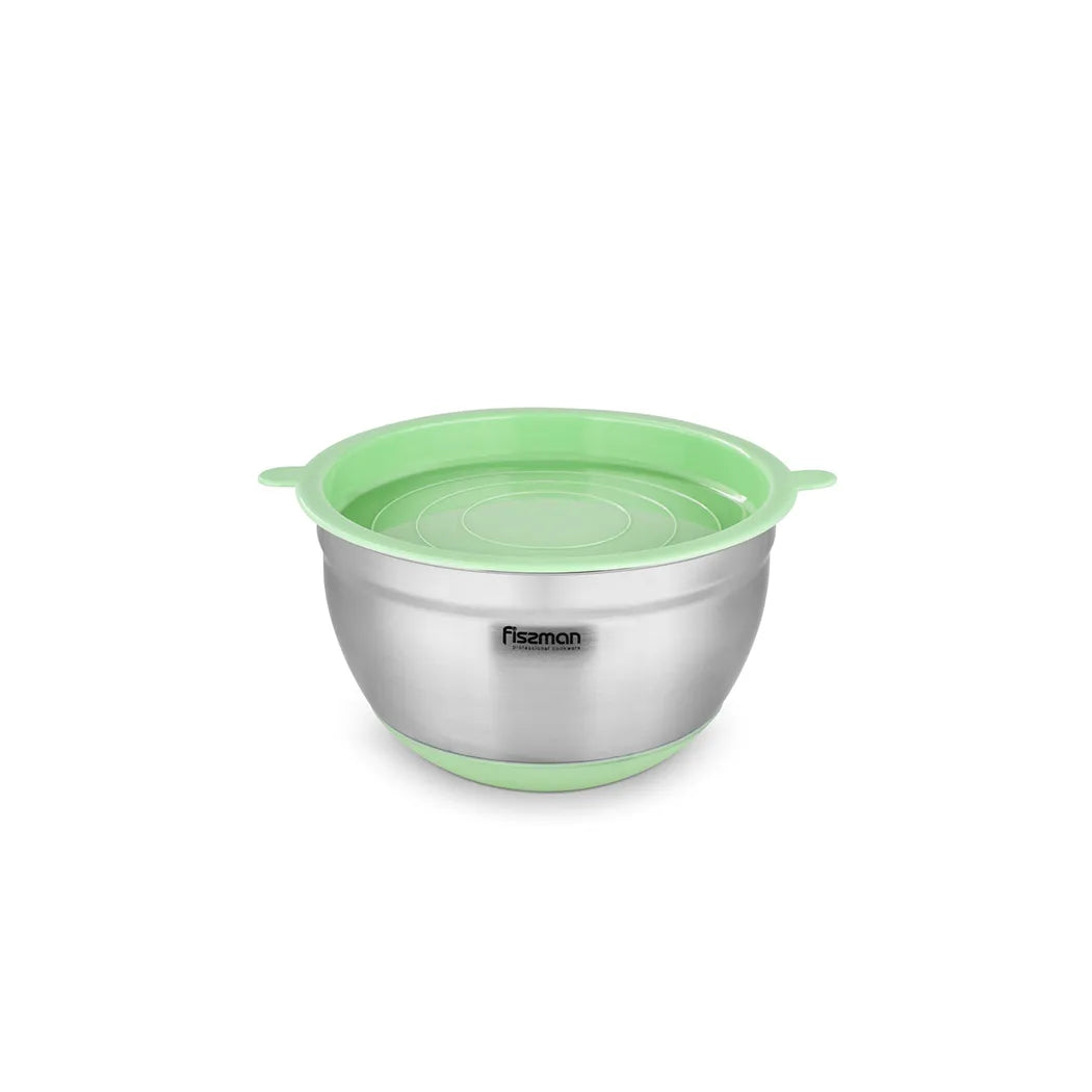 Stainless Steel Mixing Bowl with Lid and Non Slip Silicone Base in Green/Silver Color, 1.5 ltr.