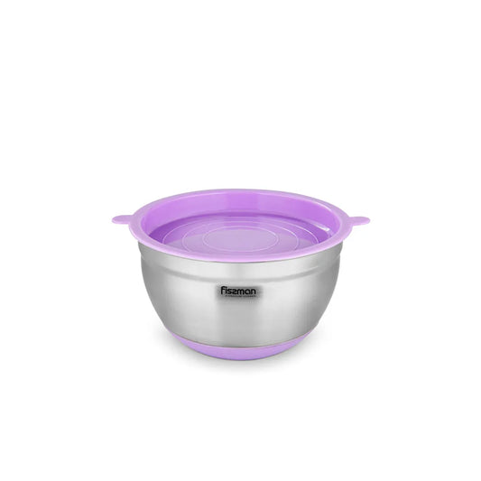 Stainless Steel Mixing Bowl with Lid and Non Slip Silicone Base in Purple/Silver Color, 1.5 ltr.