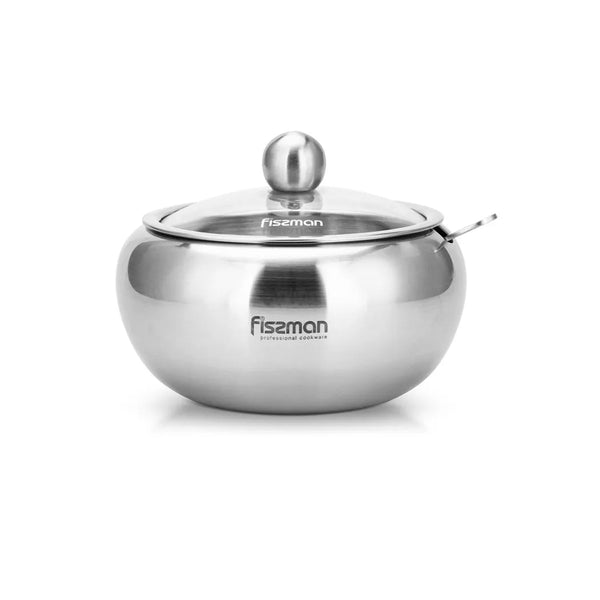 Stainless Steel Sugar Bowl with Glass Lid and Spoon in Silver Color, 460 ml