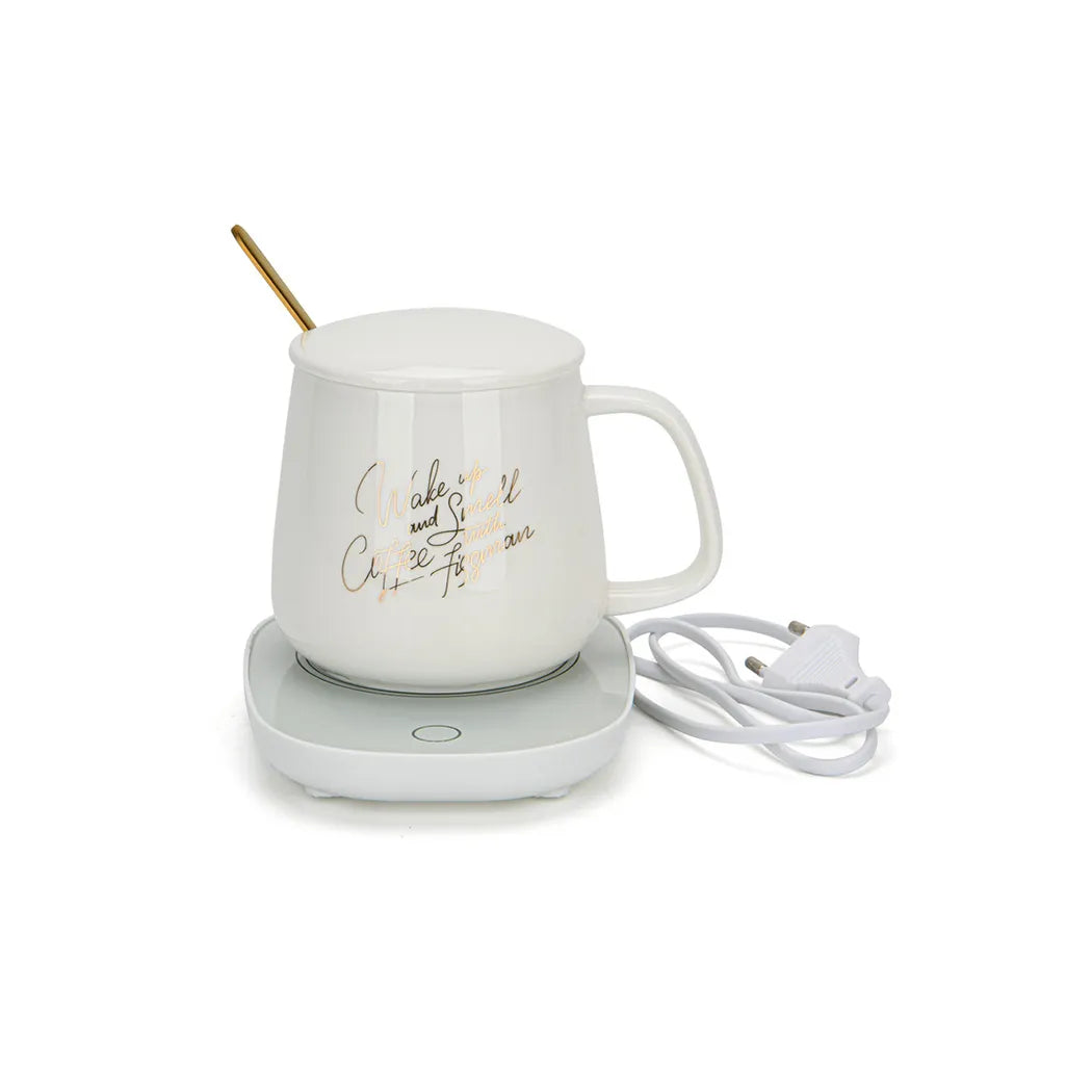 Constant Temperature Mug Warmer with Ceramic Cup and Spoon Set in White Color, 400 ml