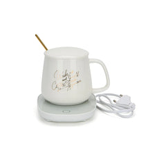 Constant Temperature Mug Warmer with Ceramic Cup and Spoon Set in White Color, 400 ml