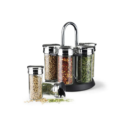 7-Piece Glass made Spice Jars with Lid and Chrome Steel Stand