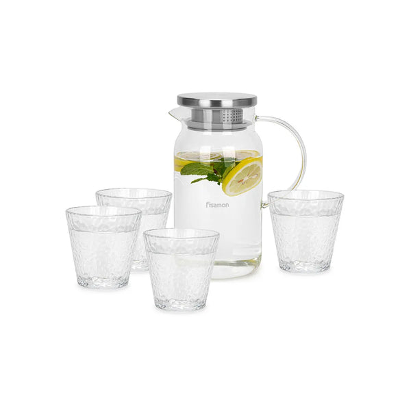 Borosilicate Glass Heat Resistant Jug and Glass Set with Arc Shape Handle and Stainless Steel Lid, 1.4 ltr. Jug and 290 ml Glass