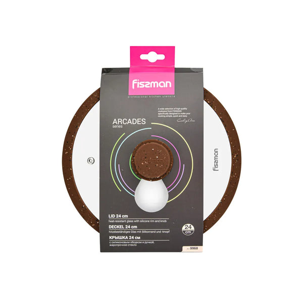 Glass Lid Arcades with Marble Design Silicone Rim in Brown Color, 24 cm