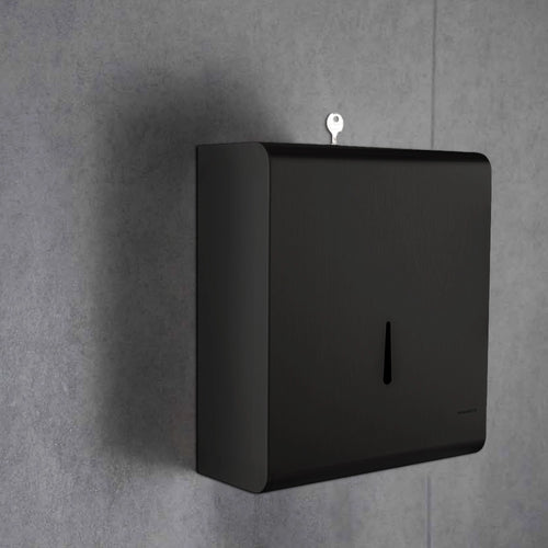 Aquaeco Ix304 Matt Black Satinless Steel Wall Mounted Paper Towel Dispenser with Cylinder Lock and Key, 27x11x30 cm