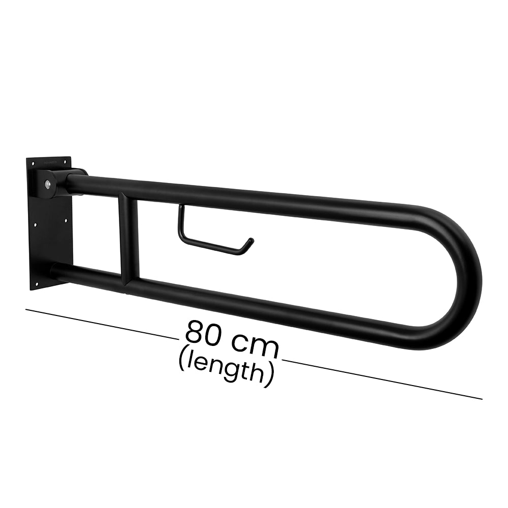 Aquaeco Ix304 Matt Black Stainless Steel Fold Down Grab Bar With Toilet Roll Holder, 10x80x23 cm