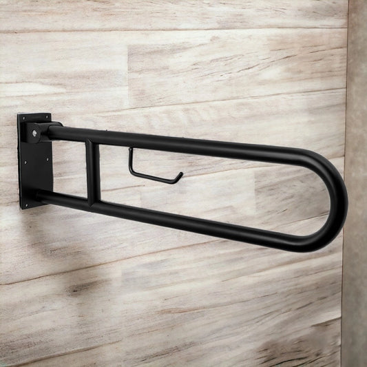 Aquaeco Ix304 Matt Black Stainless Steel Fold Down Grab Bar With Toilet Roll Holder, 10x80x23 cm