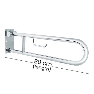 Aquaeco Ix304 Polished Stainless Steel Fold Down Grab Bar With Toilet Roll Holder, 10x80x23 cm