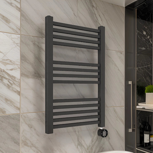 Bagnodesign Matt Black Cube Heated Towel Rail With Thermostat Heating Control, Capacity 400W, 50x9.8x80 cm