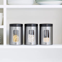 Brabantia Smudge-Proof Matt Steel Window Canister Set, 1.4L, 3Piece With Matt Black Lid