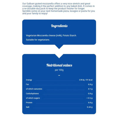 GALBANI Grated Mozzarella Cheese Block with 100% fat, 2.27kg x 8 Pcs