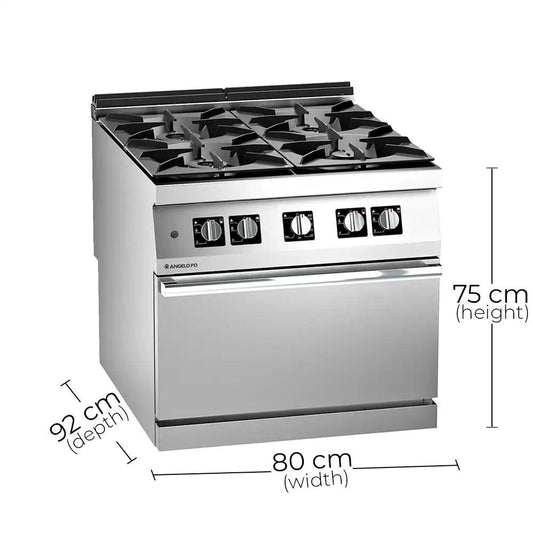 Angelo Po 1N1FAAG Gas Cooking Range 4 Burners With Gas Static Oven, Gas power 42 kW, 80 X 92 X 75 cm - HorecaStore