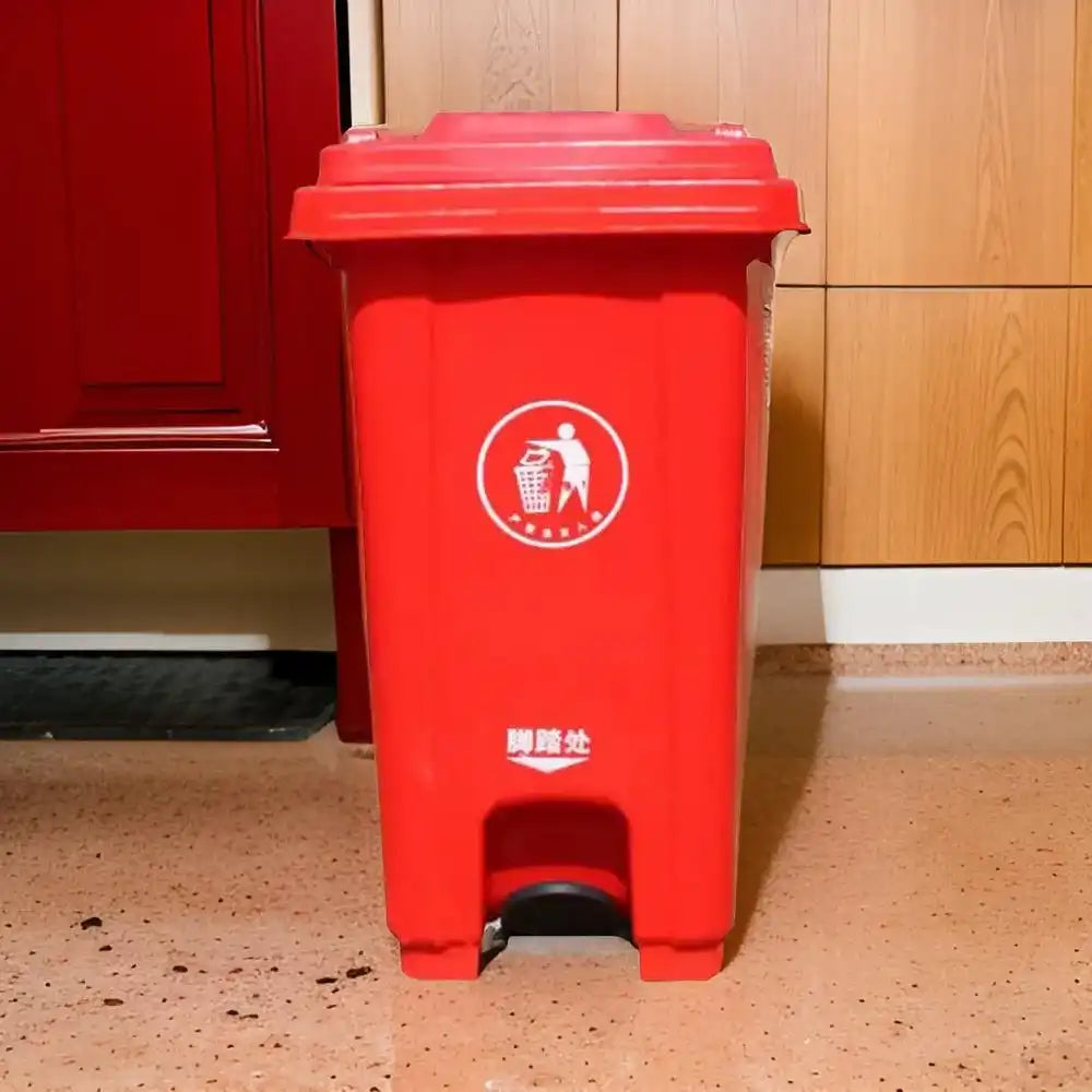 THS CNC100 Red Plastic Garbage Bin With Wheel And Centre Pedal 100L