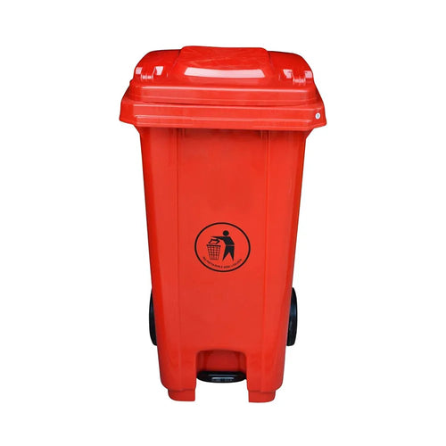 THS CNC120 Red Plastic Garbage Bin With Wheel And Centre Pedal 120 L