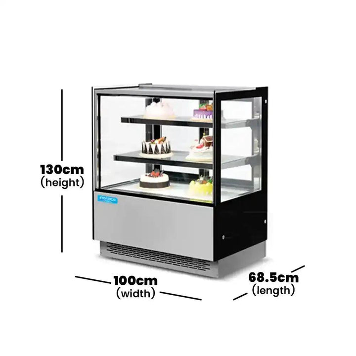 inofrigo fcs1000r2m front flat glass cake display showcase with led light stainless steel mirror base 100 x 68 5 x 130 cm 2 shelves