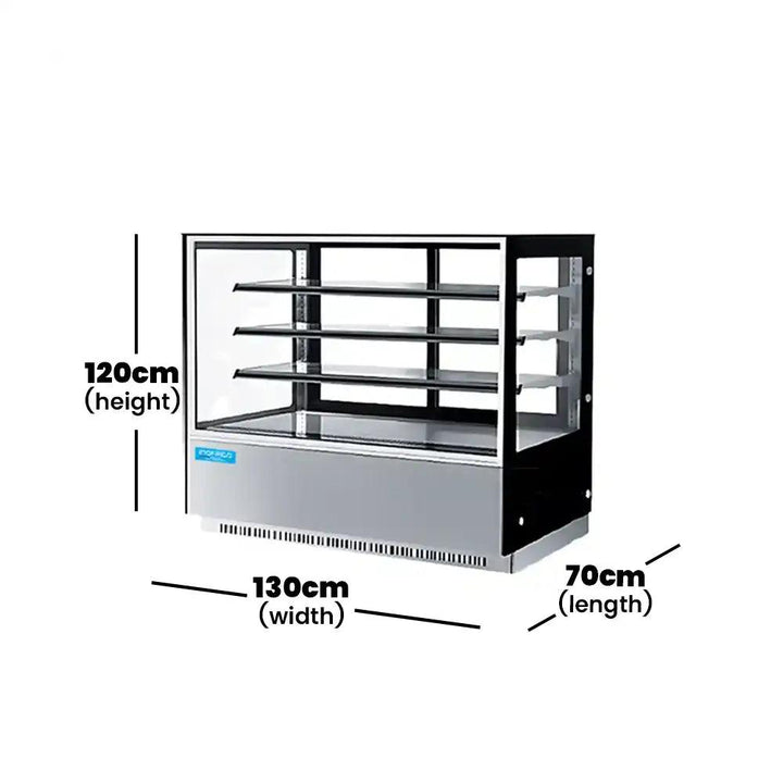 inofrigo fcs1200r3m front flat glass cake display showcase with led light stainless steel golden base 120 x 70 x 130 cm 3 shelves