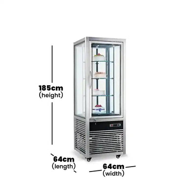 inofrigo fg418l1 s single upright chiller showcase rotating with full glass and led light stainless steel coating 64 x 64 x 185 cm 4 shelves