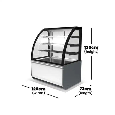 inofrigo fgw1200 c3 front curved double arc cold cake display showcase with led light stainless steel mirror base 120 x 73 x 130 cm 3 shelves