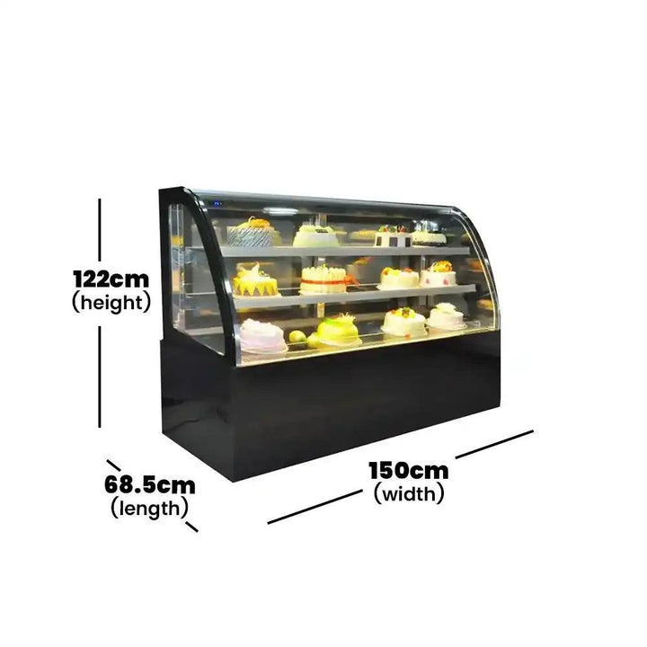 inofrigo fgw1500 c2 front curved double arc cold cake display showcase with led light stainless steel mirror base 150 x 68 5 x 122 cm 2 shelves