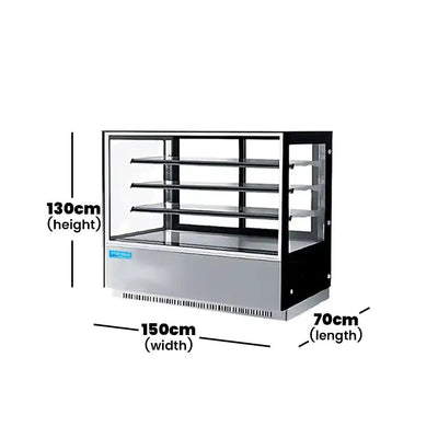 inofrigo fcs1500r3m front flat glass cake display showcase with led light stainless steel golden base 150 x 70 x 130 cm 3 shelves