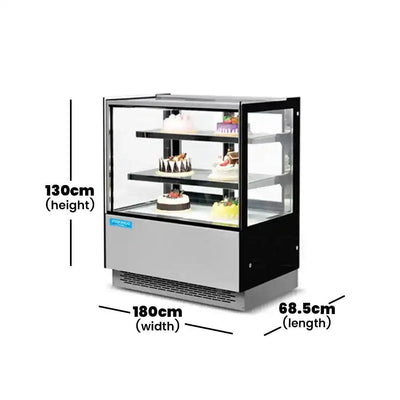 inofrigo fcs1800r2m front flat glass cake display showcase with led light stainless steel mirror base 180 x 68 5 x 130 cm 2 shelves