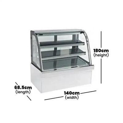 inofrigo fcs1800r3b front curved double arc cold cake display showcase with led light stainless steel mirror base 180 x 68 5 x 140 cm 3 shelves