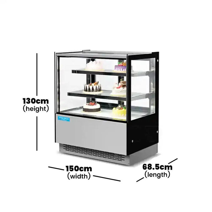 inofrigo fcs1500r2m front flat glass cake display showcase with led light stainless steel mirror base 150 x 68 5 x 130 cm 2 shelves